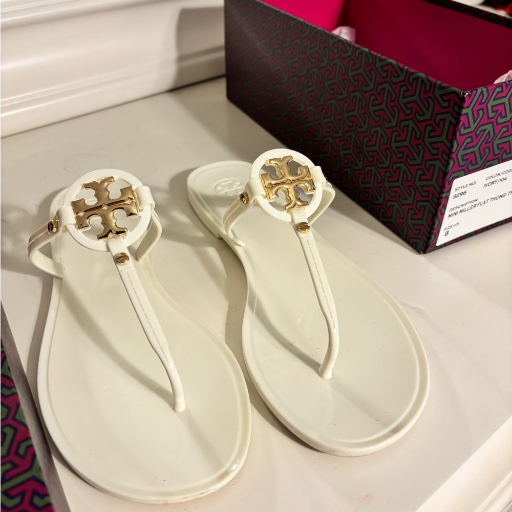 Tory Burch White and Gold Sandals